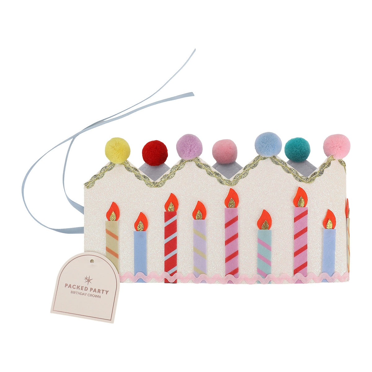 Decorative birthday cake crown with candles and pom-pom crown on a white background