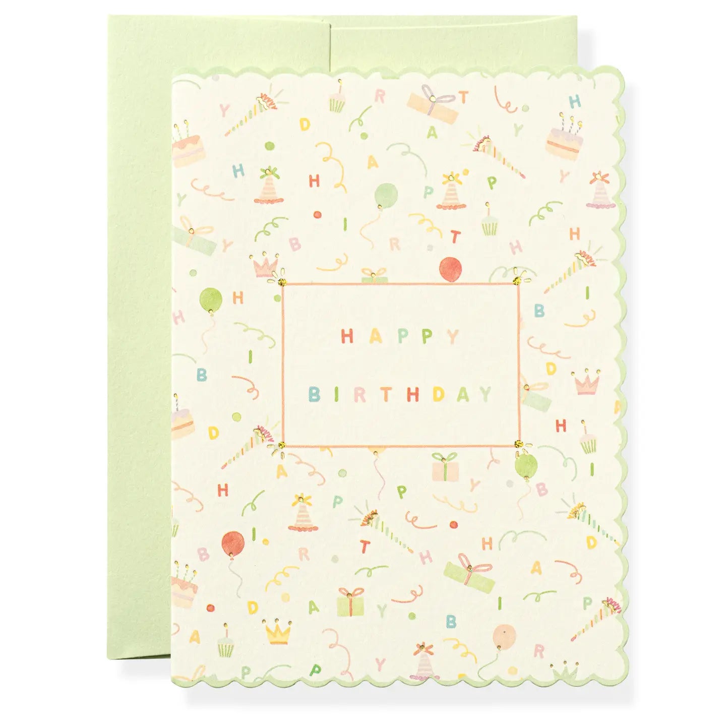A greeting card filled with mini party themed icons in pastel colors and rainbow "happy birthday" text.