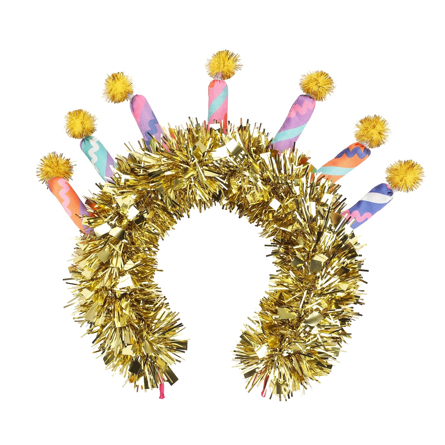 Gold tinsel with colorful birthday candles on a headband