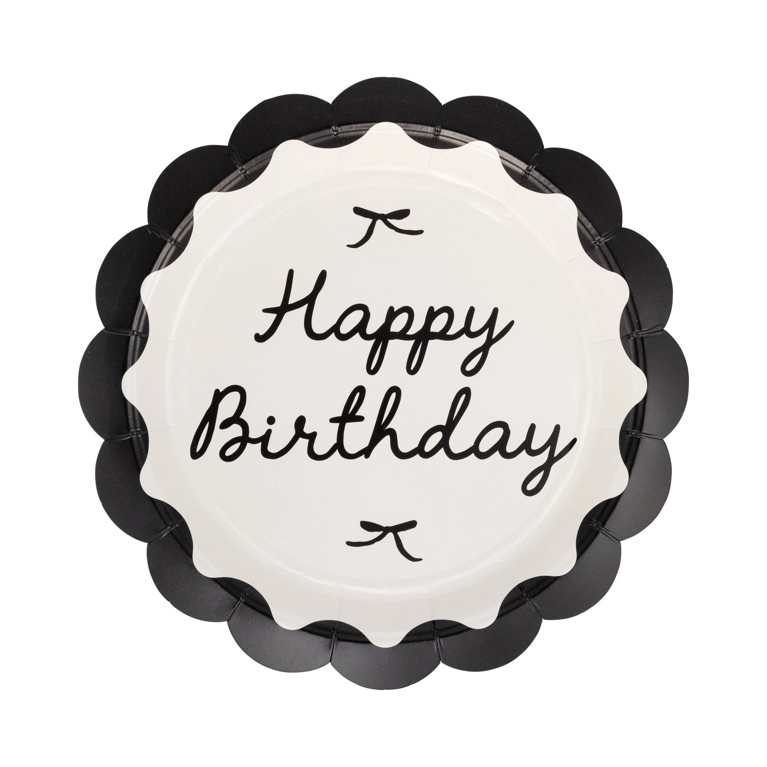 black and white paper plate with bow design and "happy birthday" text
