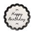black and white paper plate with bow design and "happy birthday" text