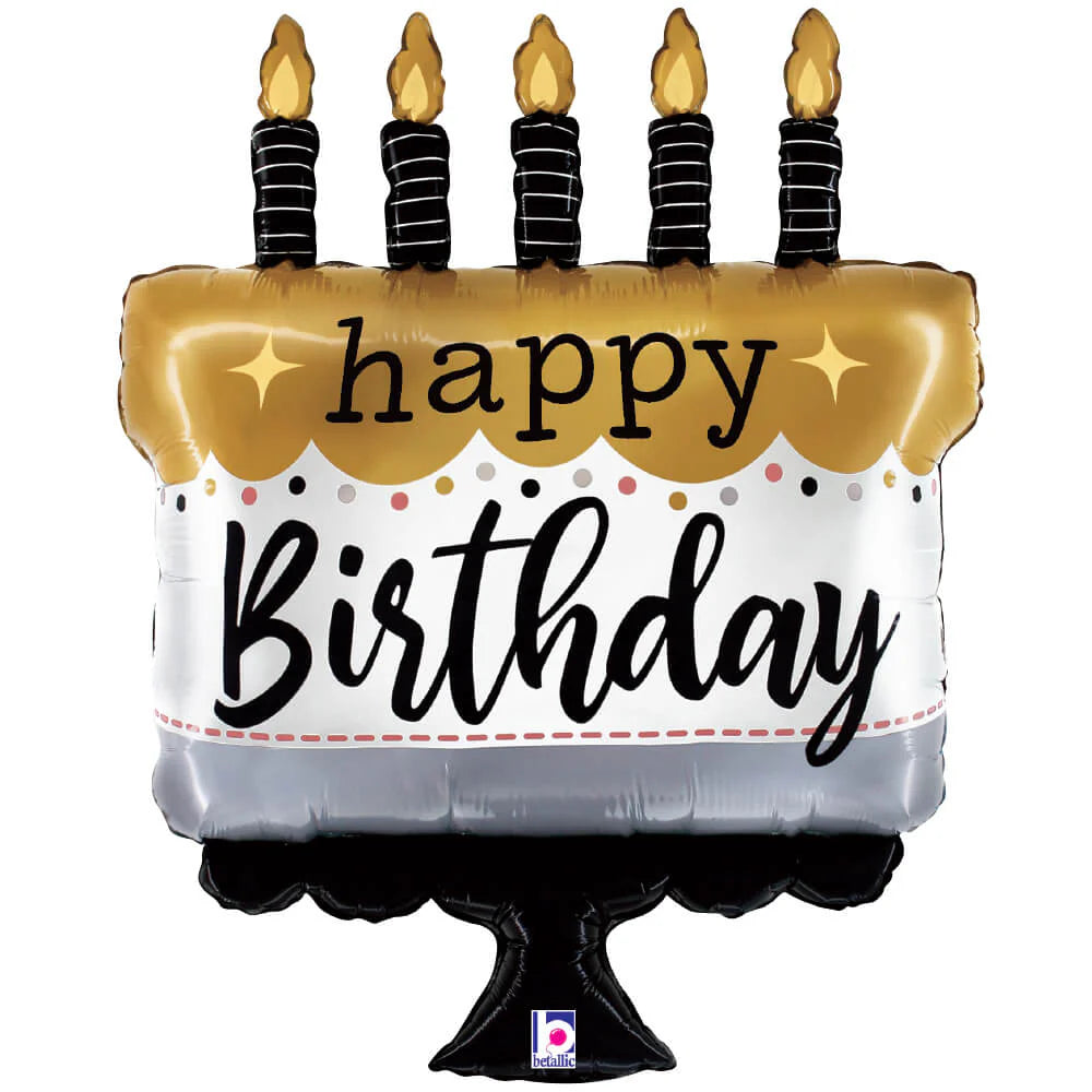 Brithday Cake shaped balloon with black candles and gold flame. Black text "Happy Birthday" on the body of the cake.