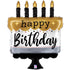 Brithday Cake shaped balloon with black candles and gold flame. Black text "Happy Birthday" on the body of the cake.