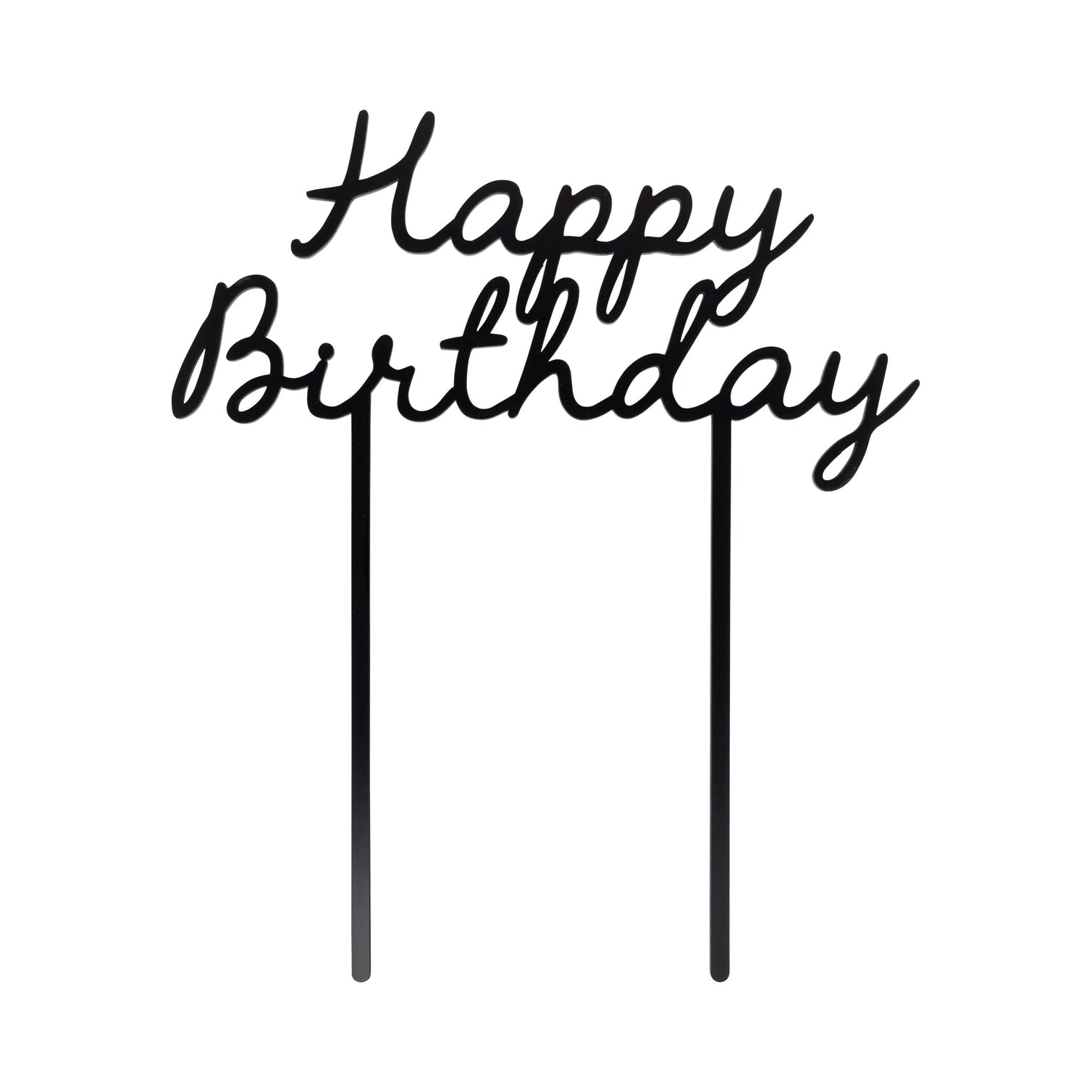 black text "happy birthday" cake topper on white background