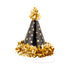 Black party hat with gold stars and tassels on a white background