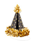 Black party hat with gold stars and tassels on a white background