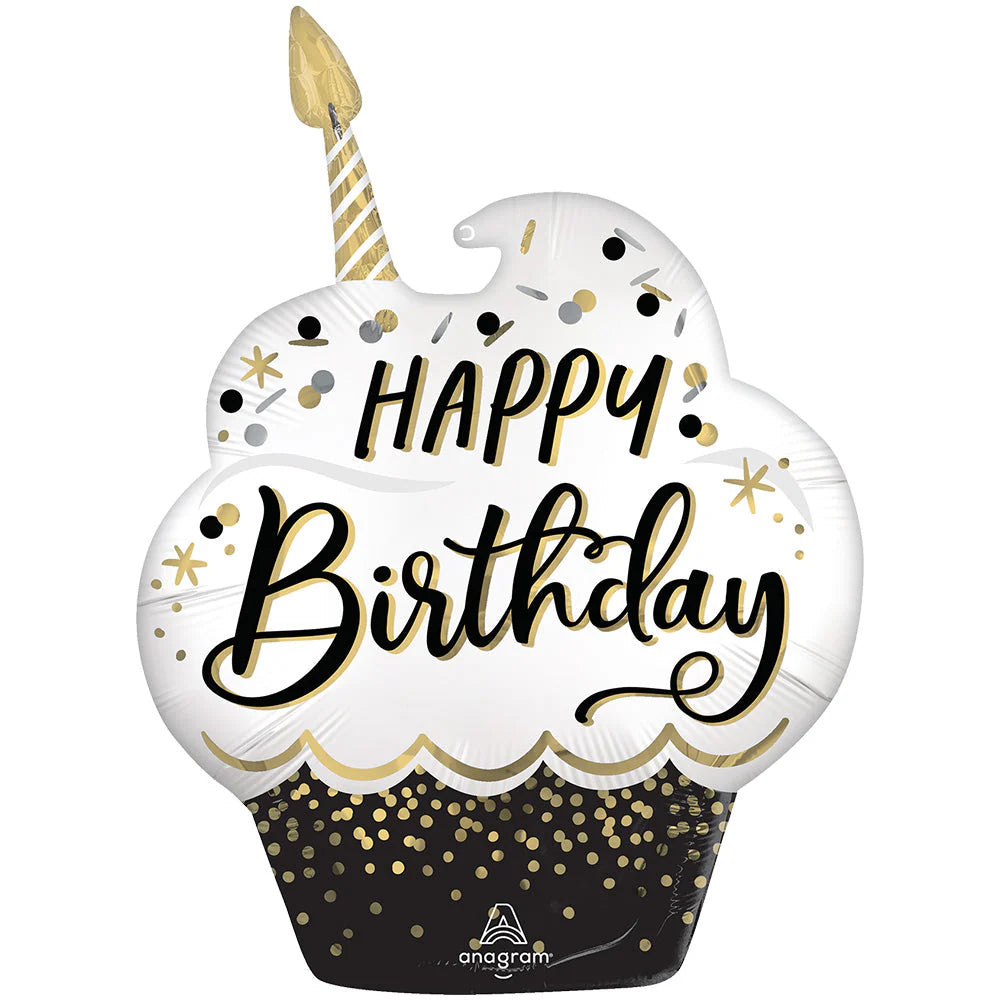 A round, black and white balloon with a cupcake design, featuring the text 'HAPPY BIRTHDAY' and a birthday candle.