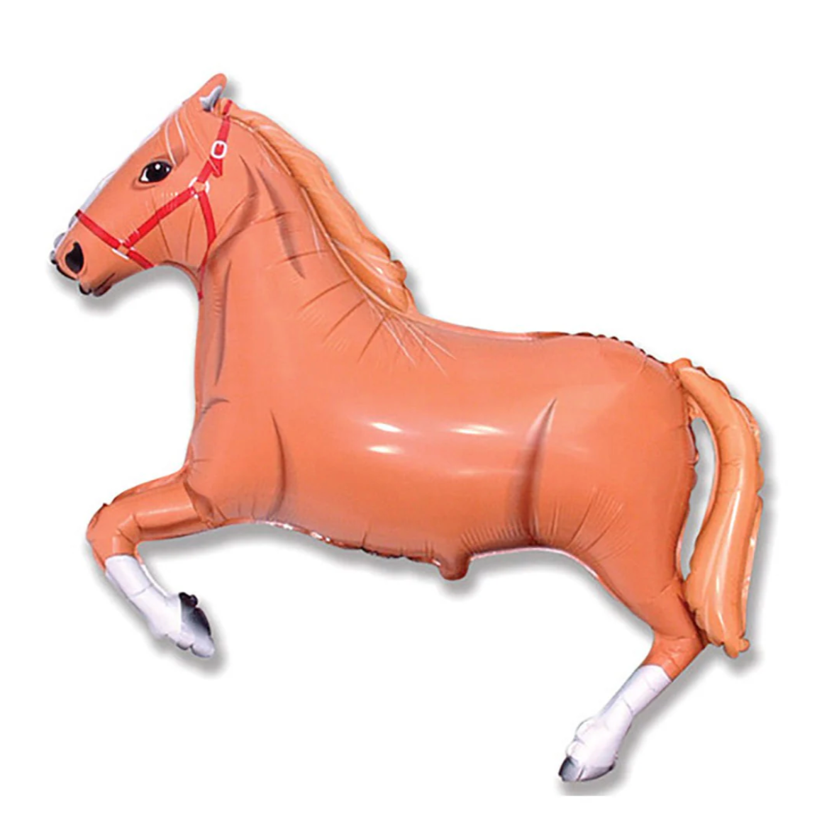 A inflated balloon in the shape of a horse, predominantly brown in color, with a mylar material.