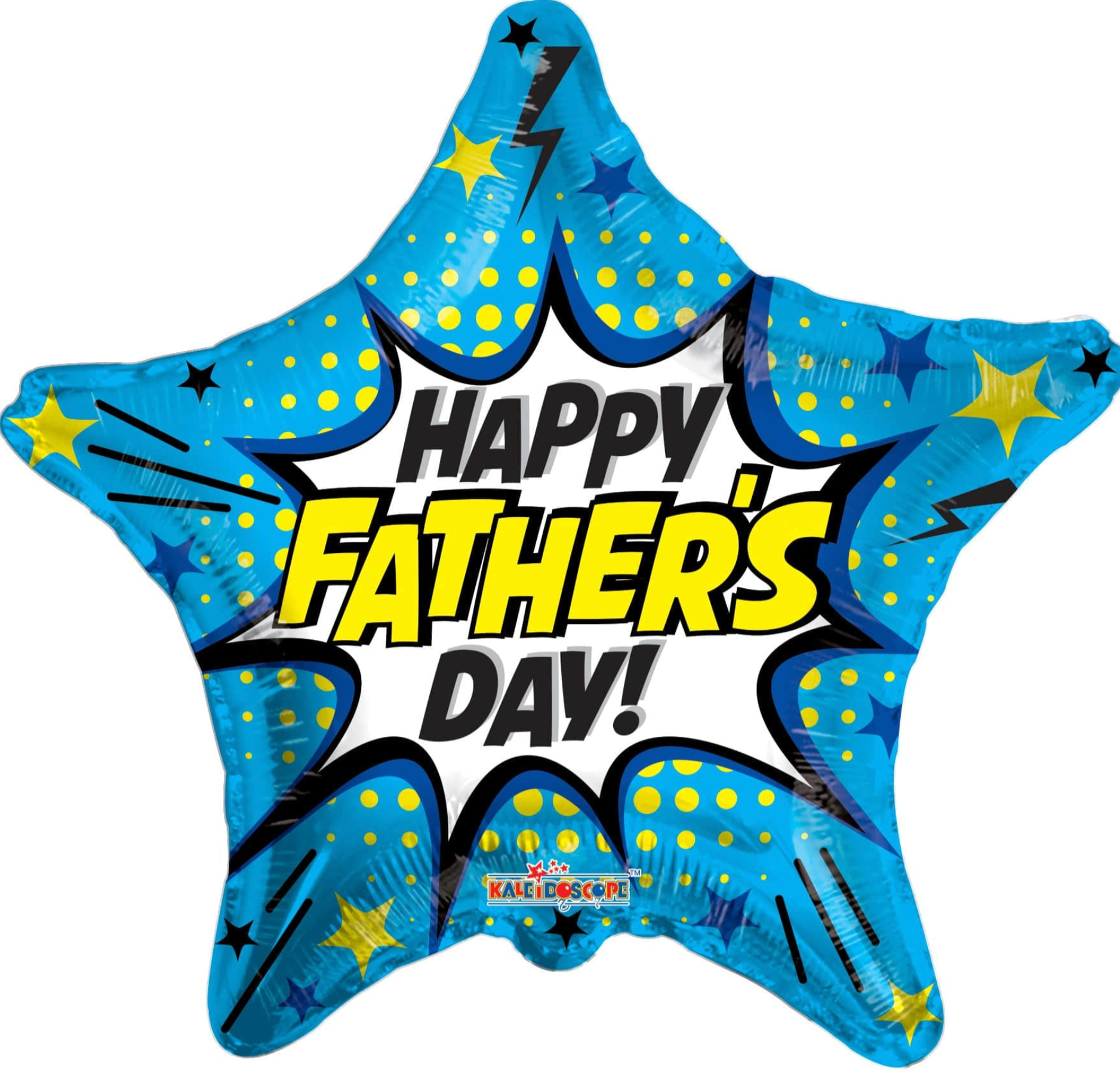 A blue star-shaped balloon with 'Happy Father's Day!' text and starburst patterns.