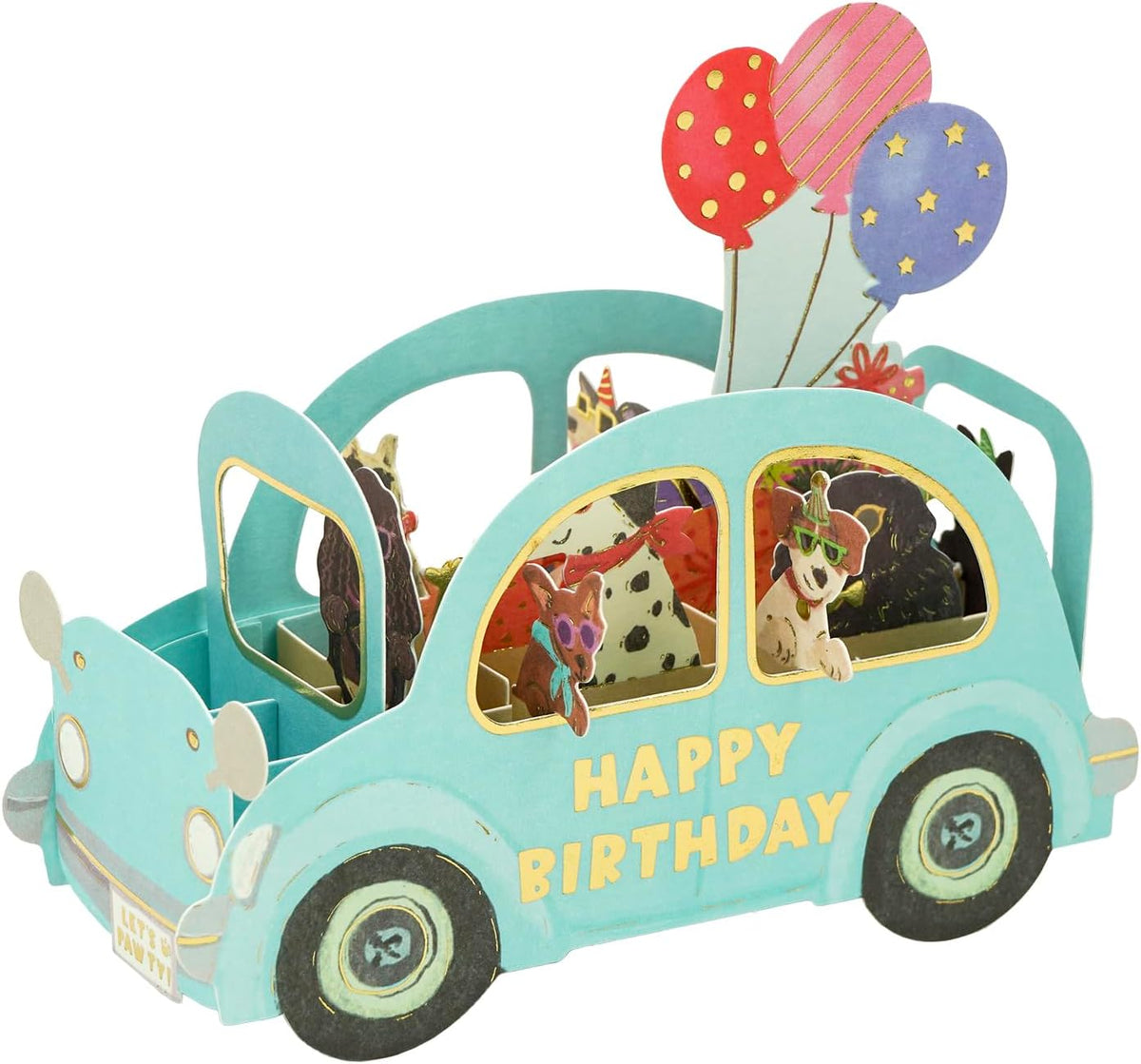 pop up 3d card featuring blue car with dogs inside, "happy birthday" text on the side