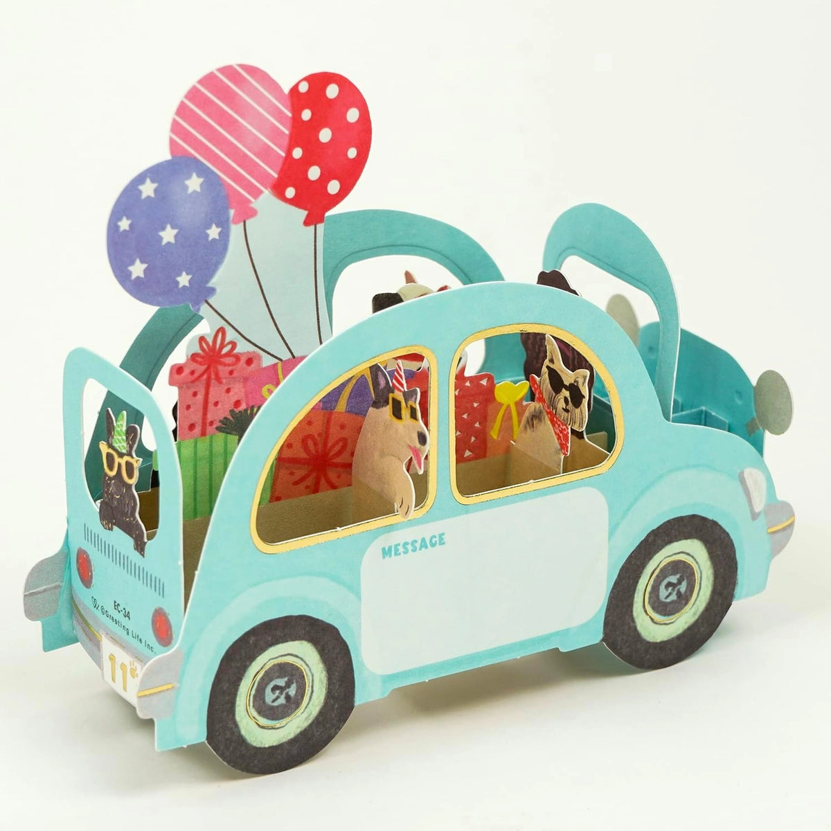 pop up 3d card featuring blue car with dogs inside, with area to write a message