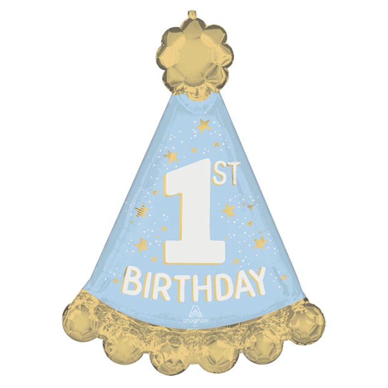 Blue and gold birthday hat balloon with '1st Birthday' text on a white background