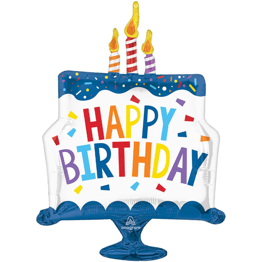 A tiered blue and white birthday balloon with the words 'Happy Birthday' and colorful candles.