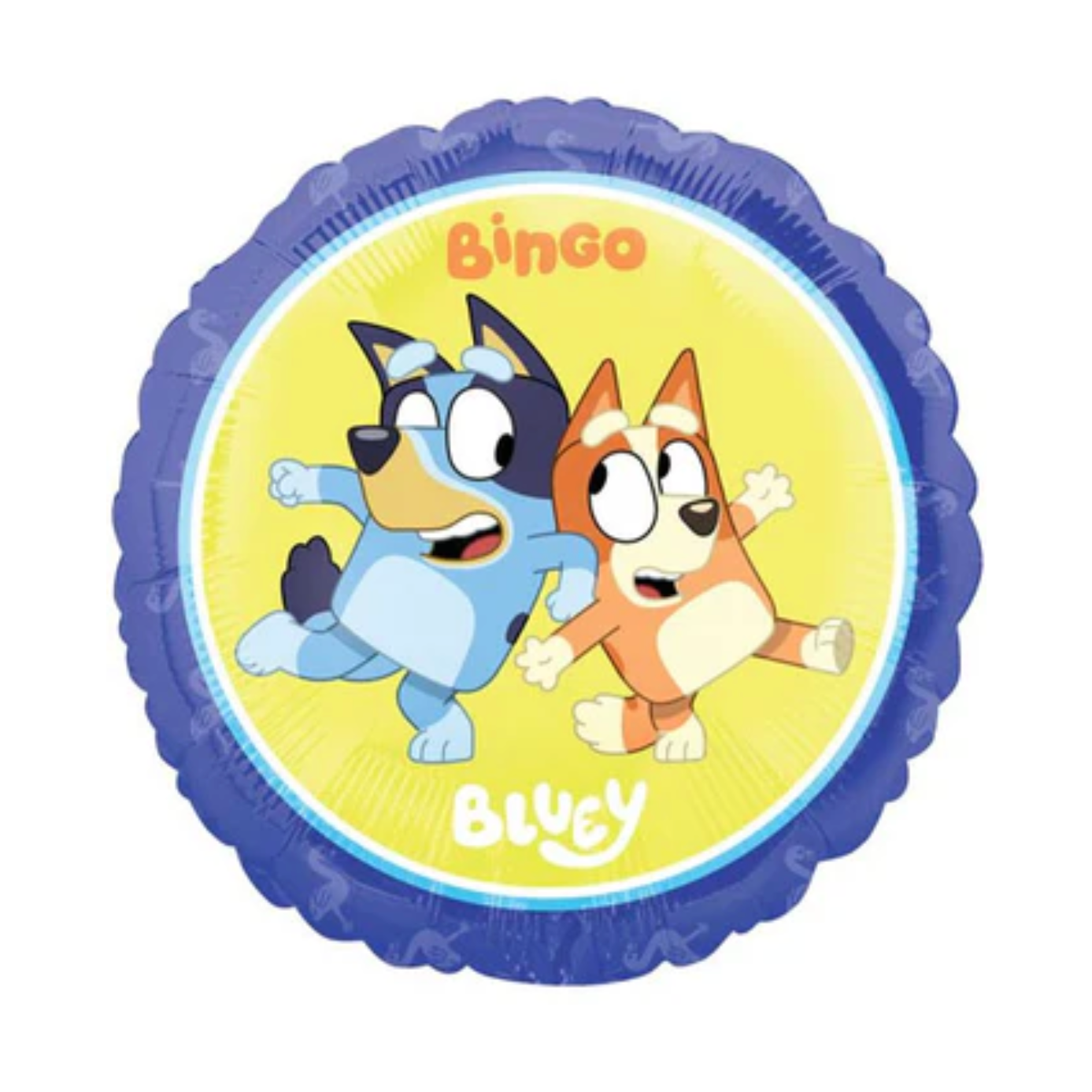 round blue and yellow mylar balloon featuring characters Bluey and Bingo on white background