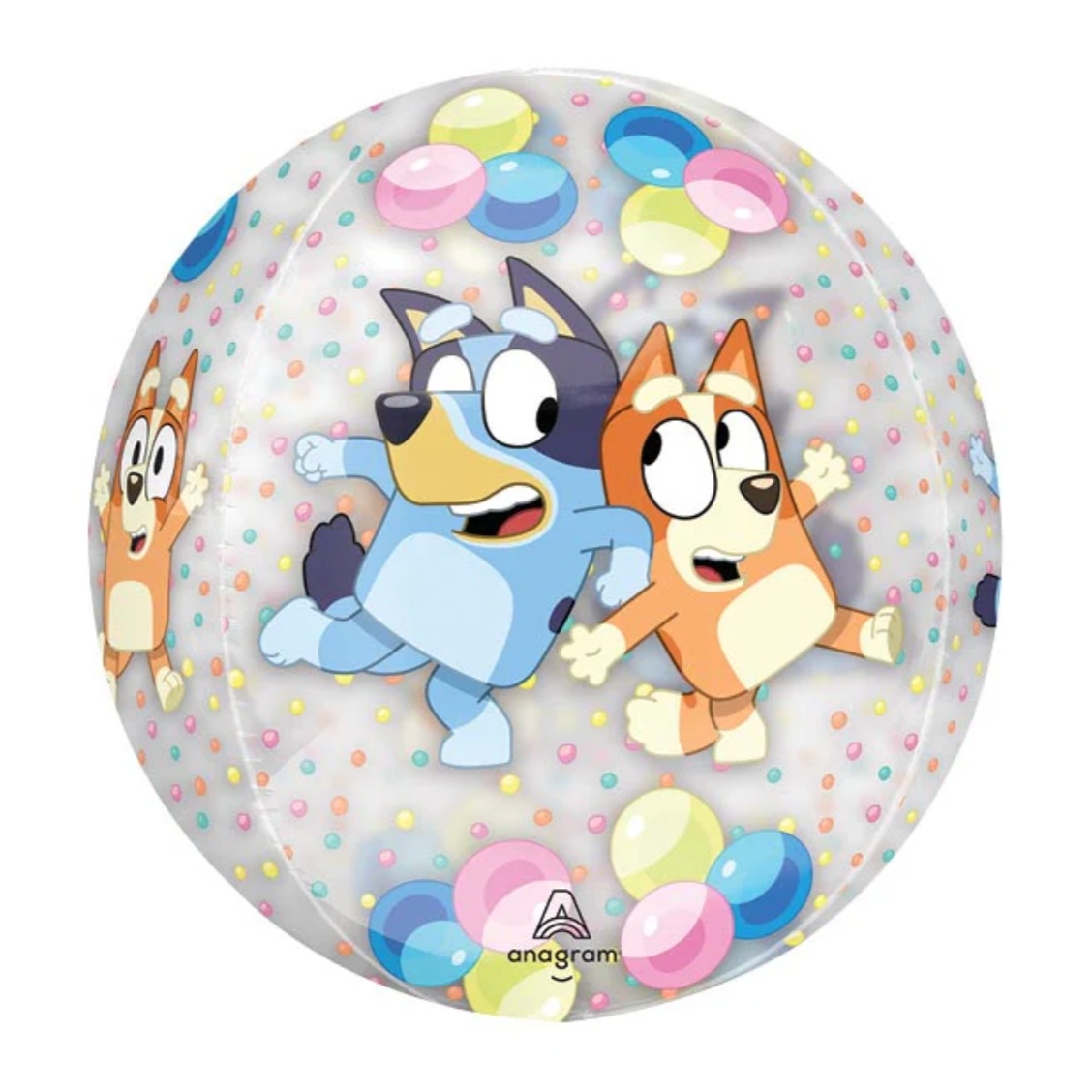 Transparent balloon with cartoon characters and colorful balloons on a white background