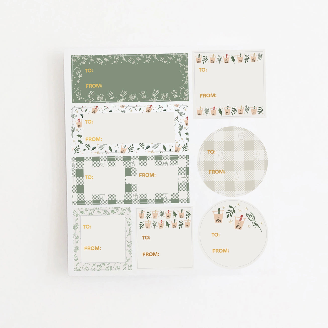 Set of gift tags with various designs on a white background