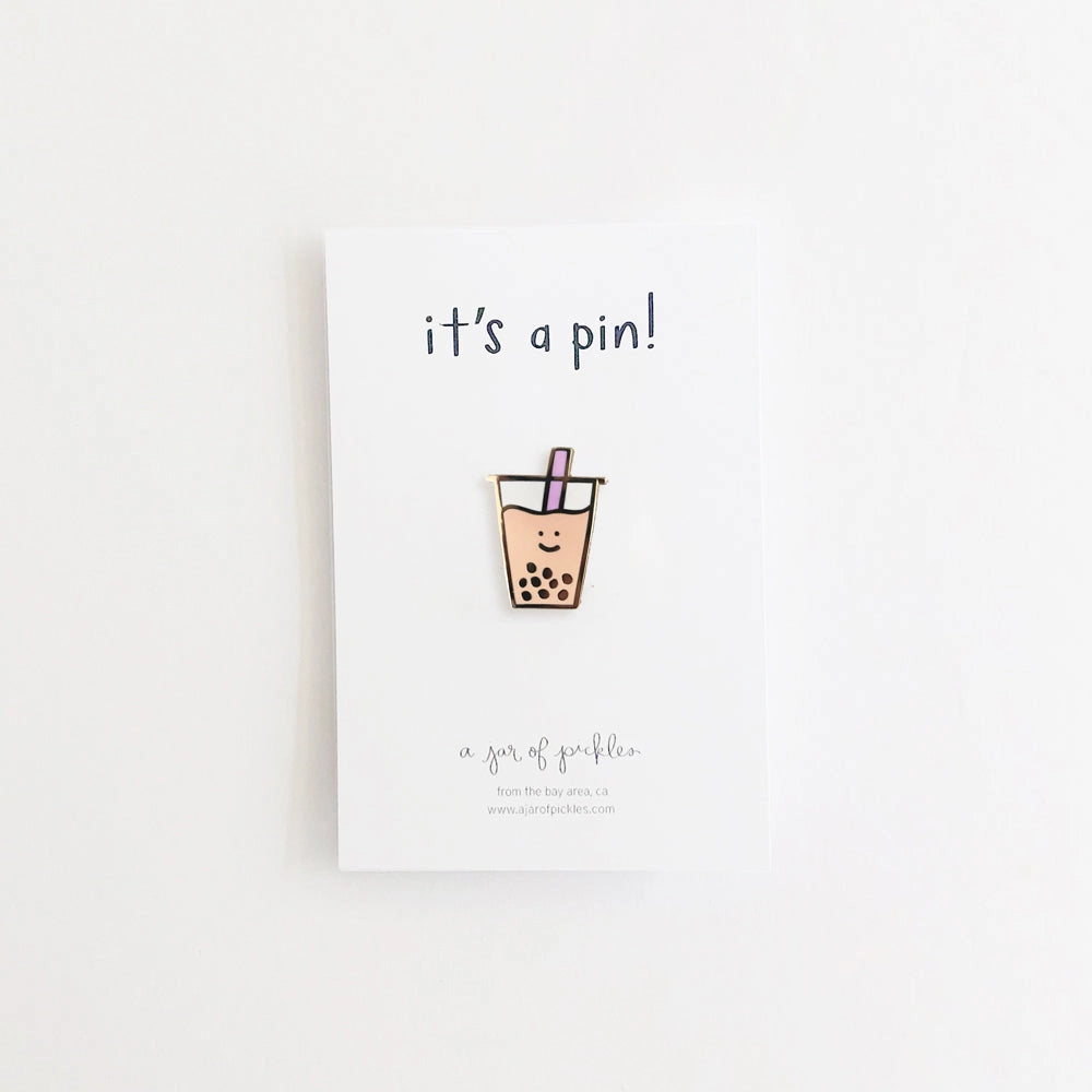 smiley boba pin with purple straw on white cardstock