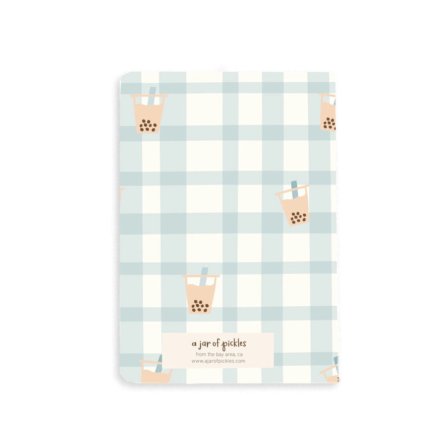Boba Tea Blue Plaid Picnic Pocket Grid Notebook