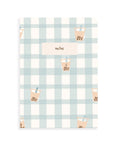 Notebook with blue plaid pattern and boba drink illustrations on a white background