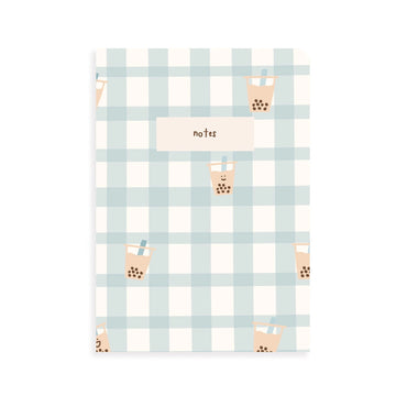 Boba Tea Blue Plaid Picnic Pocket Grid Notebook