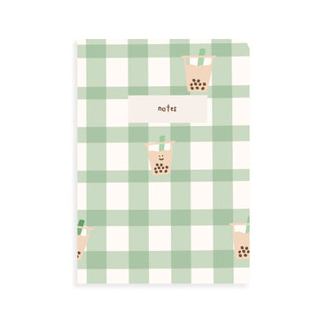 Boba Tea Green Plaid Picnic Pocket Grid Notebook