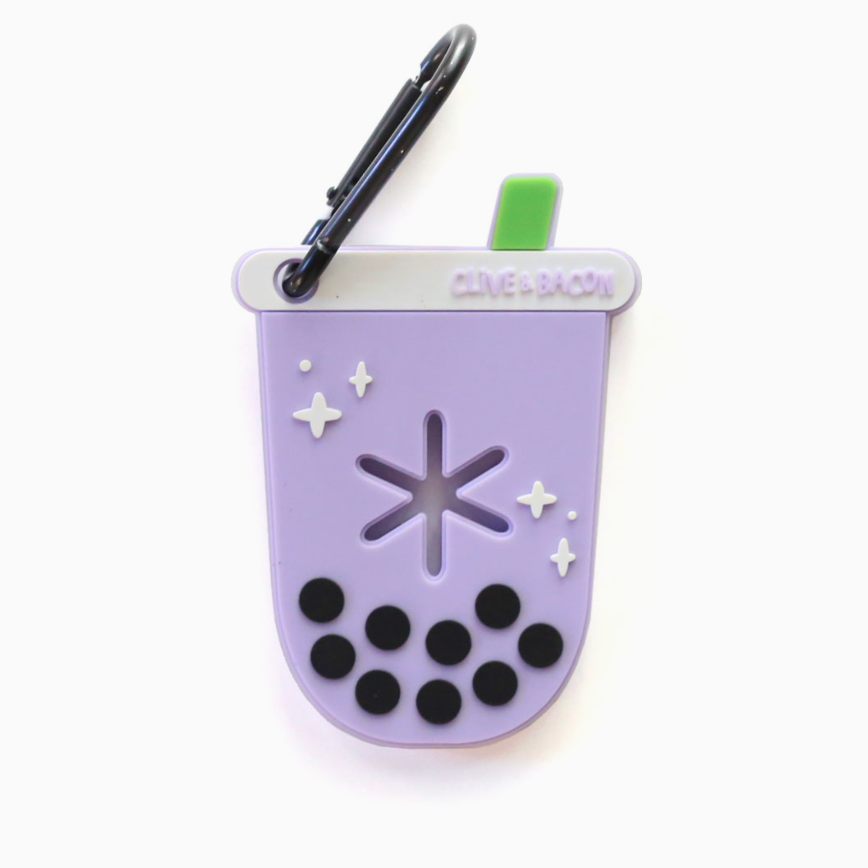 A purple waste holder clip with a slot for a dog waste bag and a silver clip, with the brand 'Clive and Bacon' printed on the top.