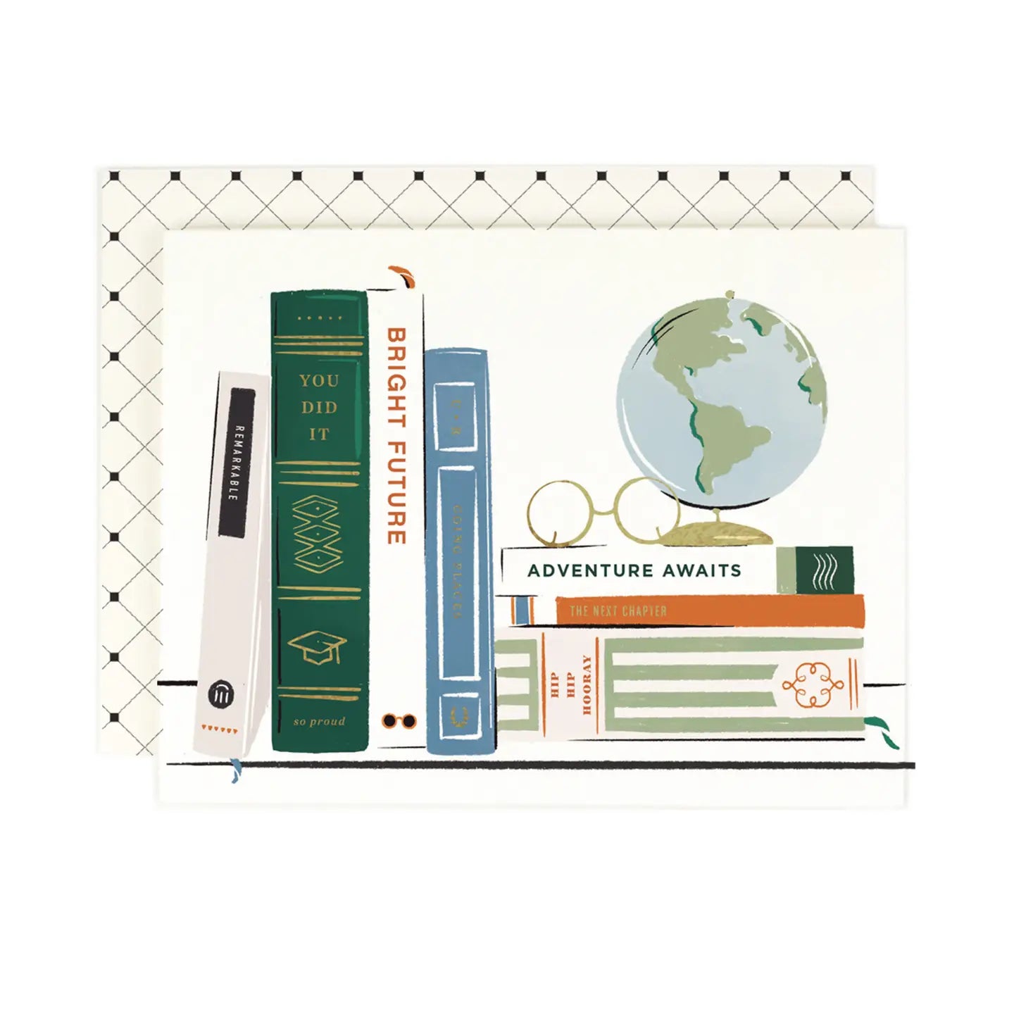 A greeting card with an illustration of books, a globe, and graduation-themed items, including a cap and diploma, with a caption that reads 'Adventure awaits'.