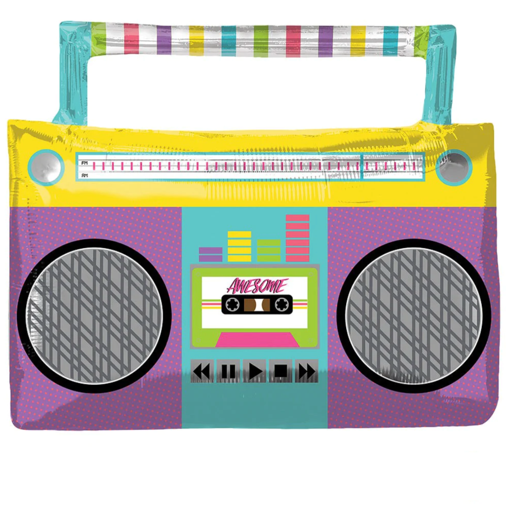 A multicolored retro-style boom box balloon with a handle at the top, featuring a vibrant yellow, pink, and green design with a cassette tape and radio controls.