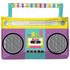 A multicolored retro-style boom box balloon with a handle at the top, featuring a vibrant yellow, pink, and green design with a cassette tape and radio controls.