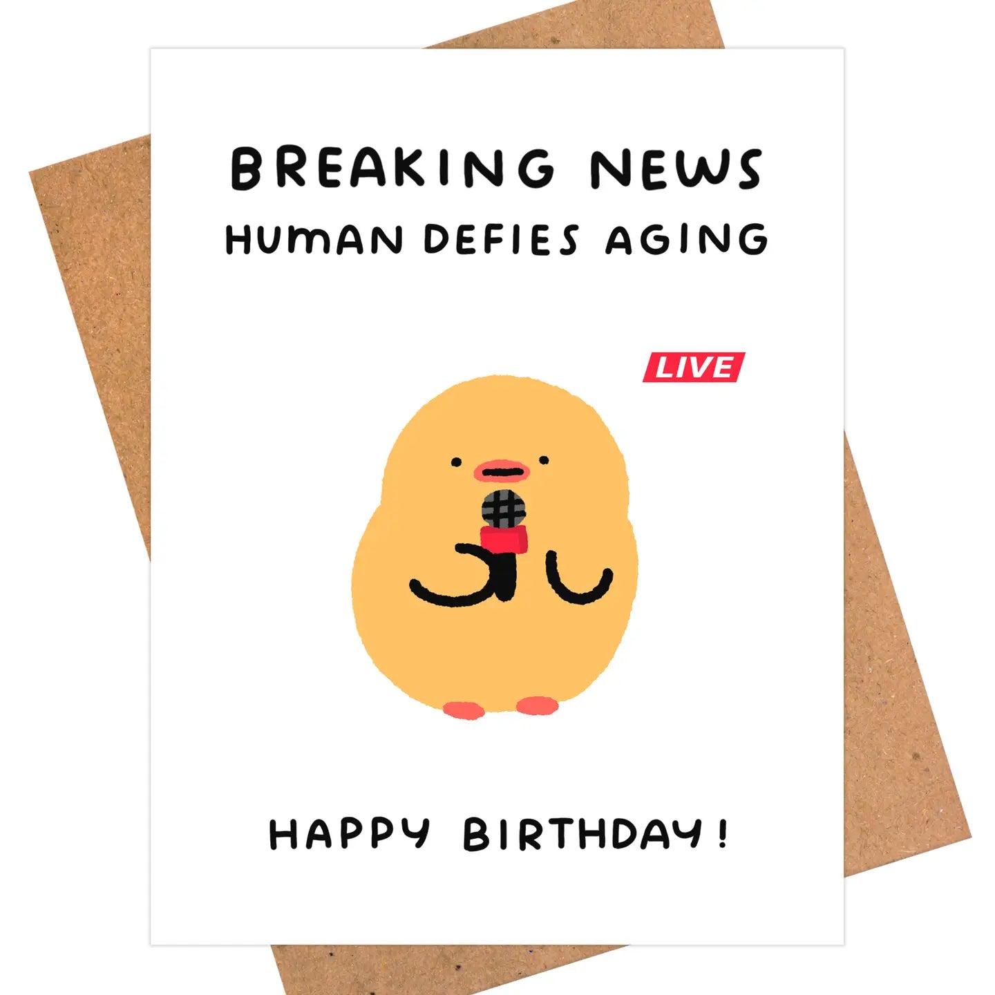 Birthday card with cartoon character and humorous text about defying aging