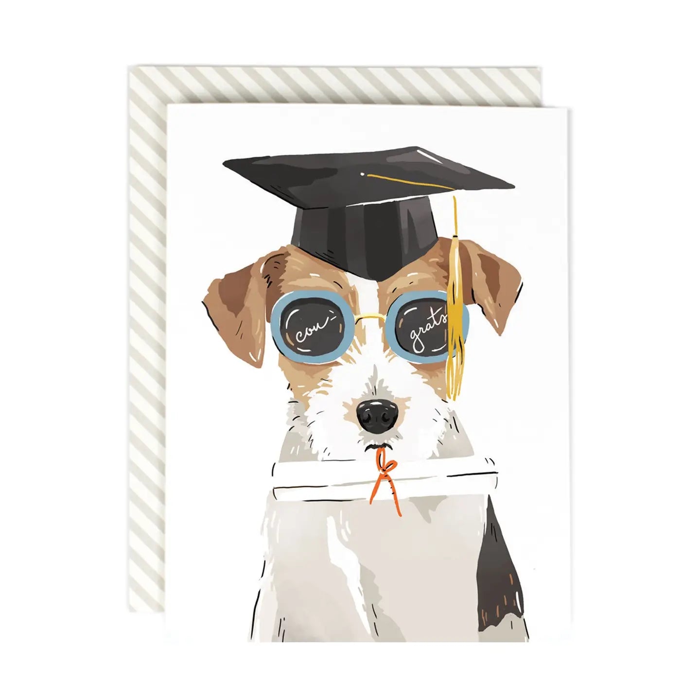 A greeting card with an illustration of a dog wearing a graduation cap and glasses. The card is part of a set with a striped envelope.