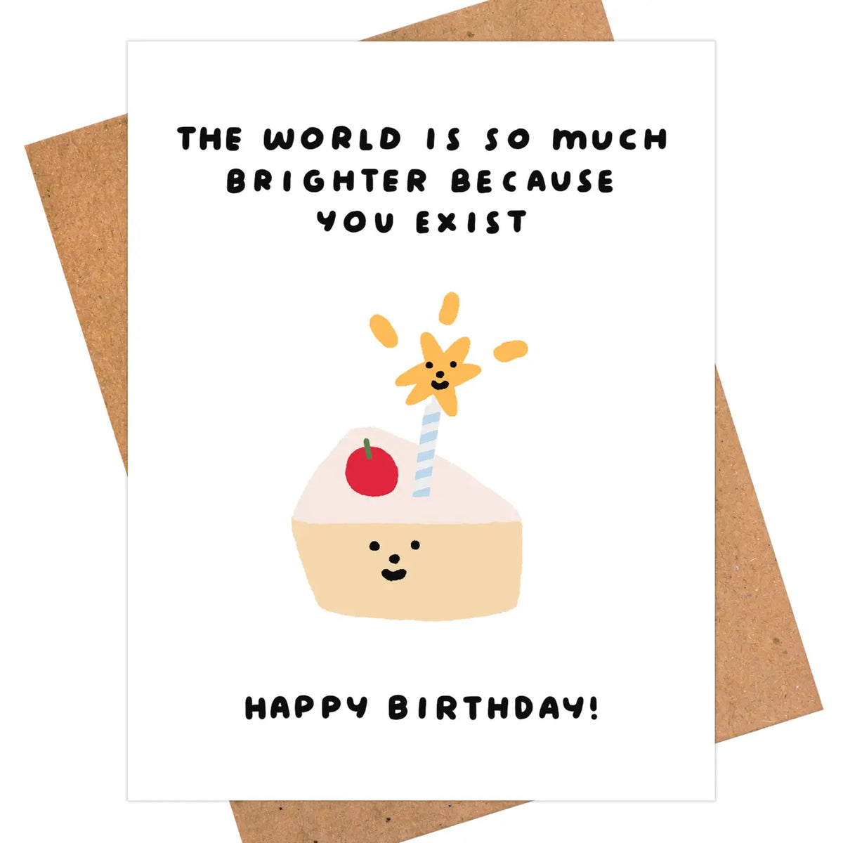 Birthday card with cake illustration and text 'The world is so much brighter because you exist. Happy Birthday!'