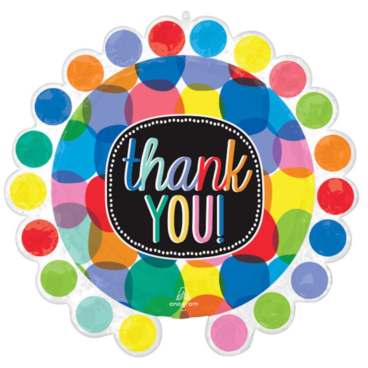 Colorful bubbly balloon with 'thank you!' text on a white background