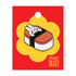 Spam musubi pin with bunny tucked in, on red card
