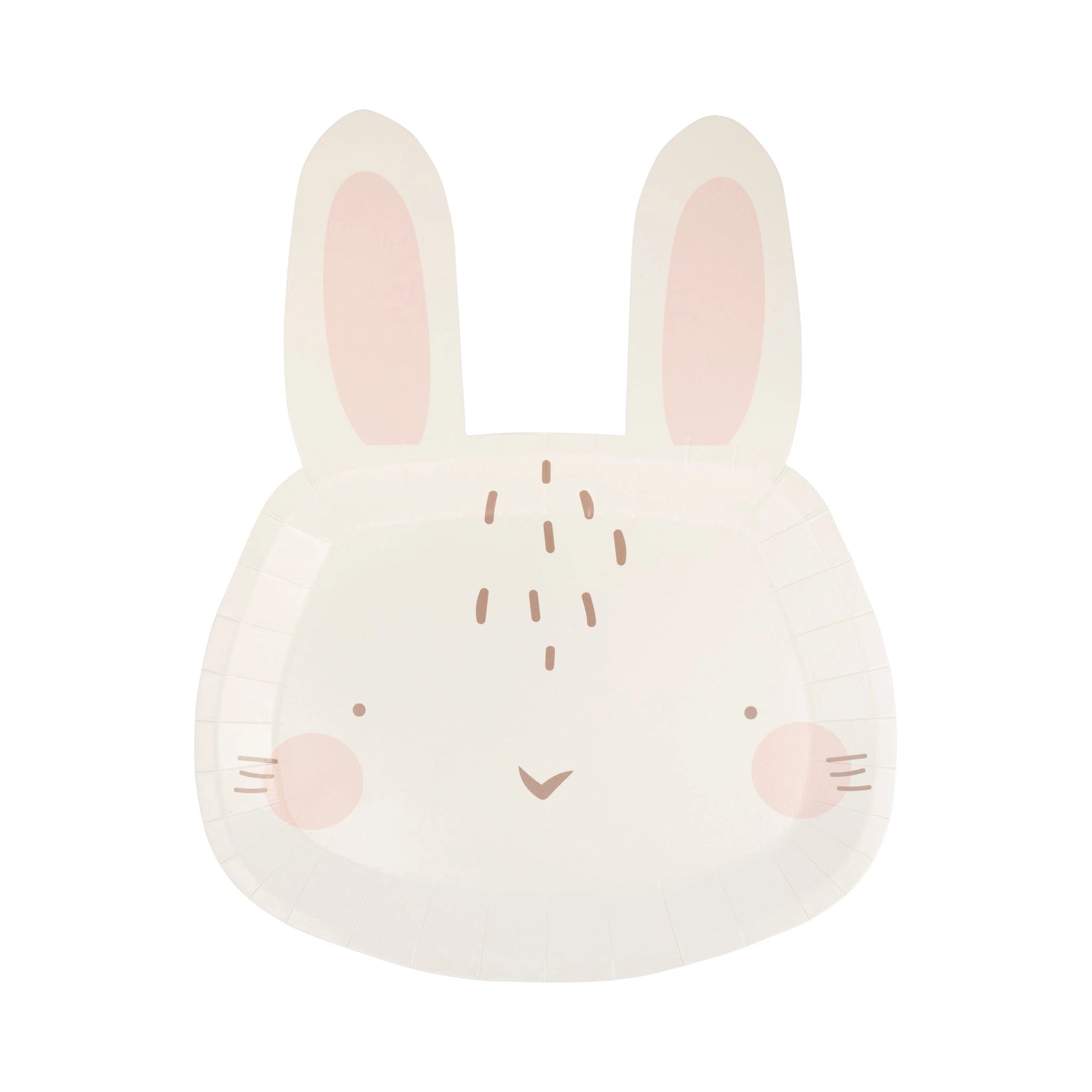 A bunny-shaped paper plate with ears and a face drawn on it