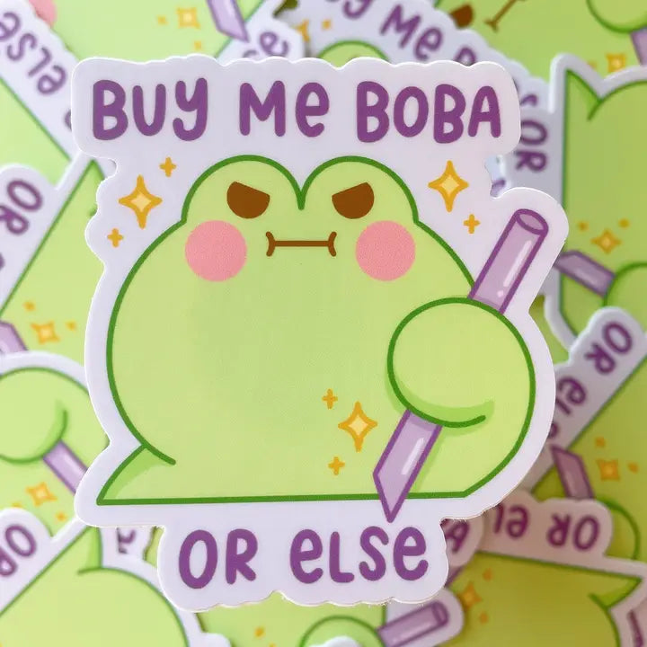 Sticker with a green frog holding a straw and text 'BUY ME BOBA OR ELSE' on a similar design background.