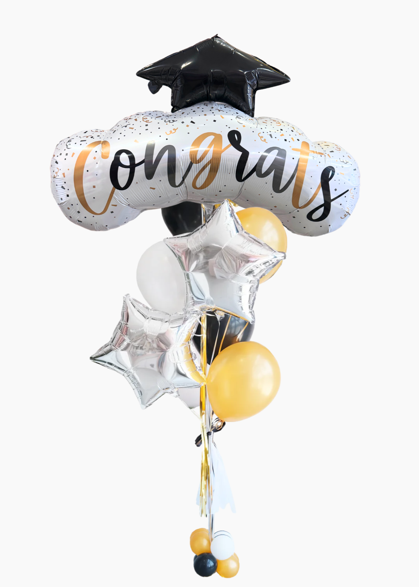 CONGRATS GARD BALLOON boquuet with grad cap shaped balloon, stars and various latex.