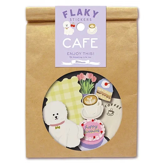 Flaky Stickers Cafe packaging with a brown bag and purple label on a white background