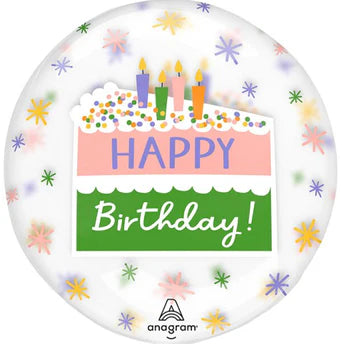 Decorative clear balloon with birthday cake design and 'Happy Birthday!' text, featuring colorful stars and candles