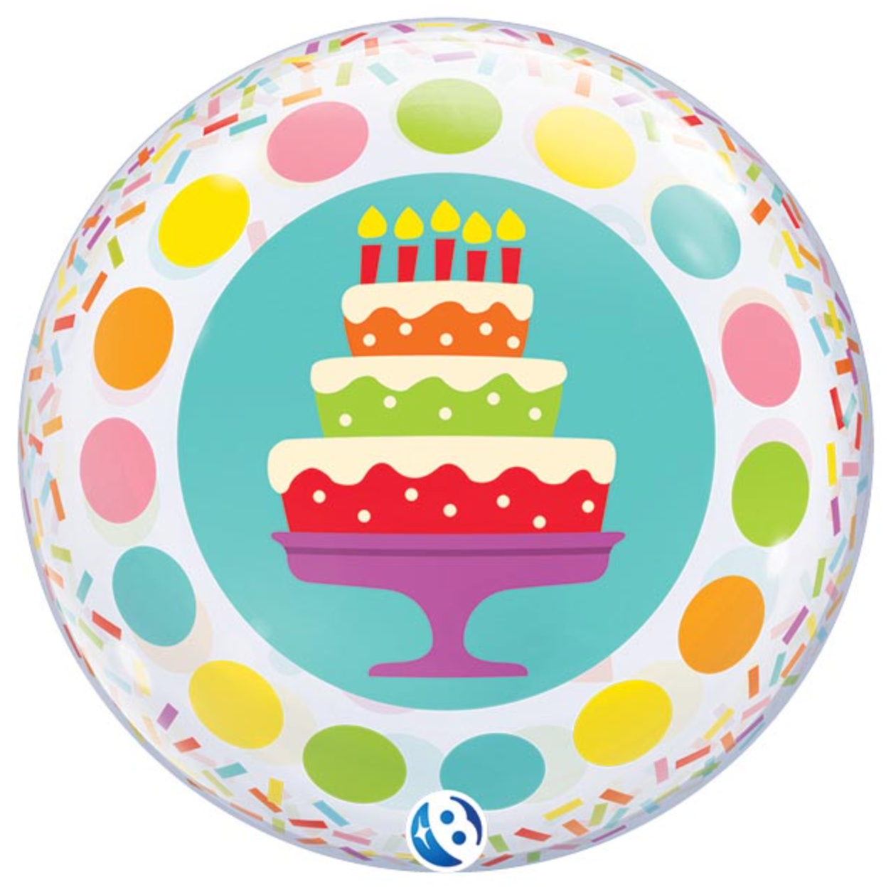 Polka dot clear balloon with a birthday cake design and candles on a white background