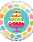 Polka dot clear balloon with a birthday cake design and candles on a white background