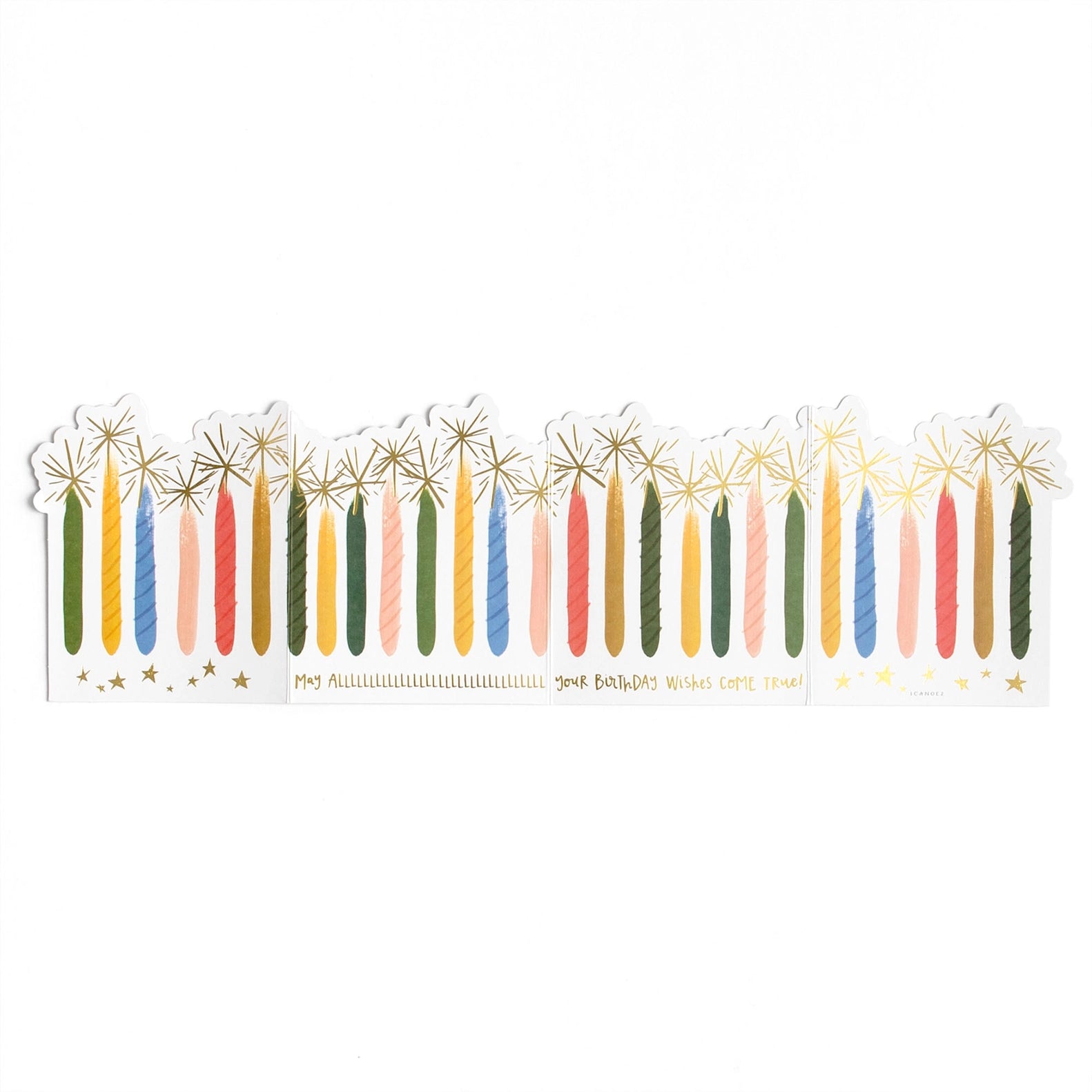 An accordion-style greeting card with a hand-painted design featuring golden candles and stars, in a variety of colors.