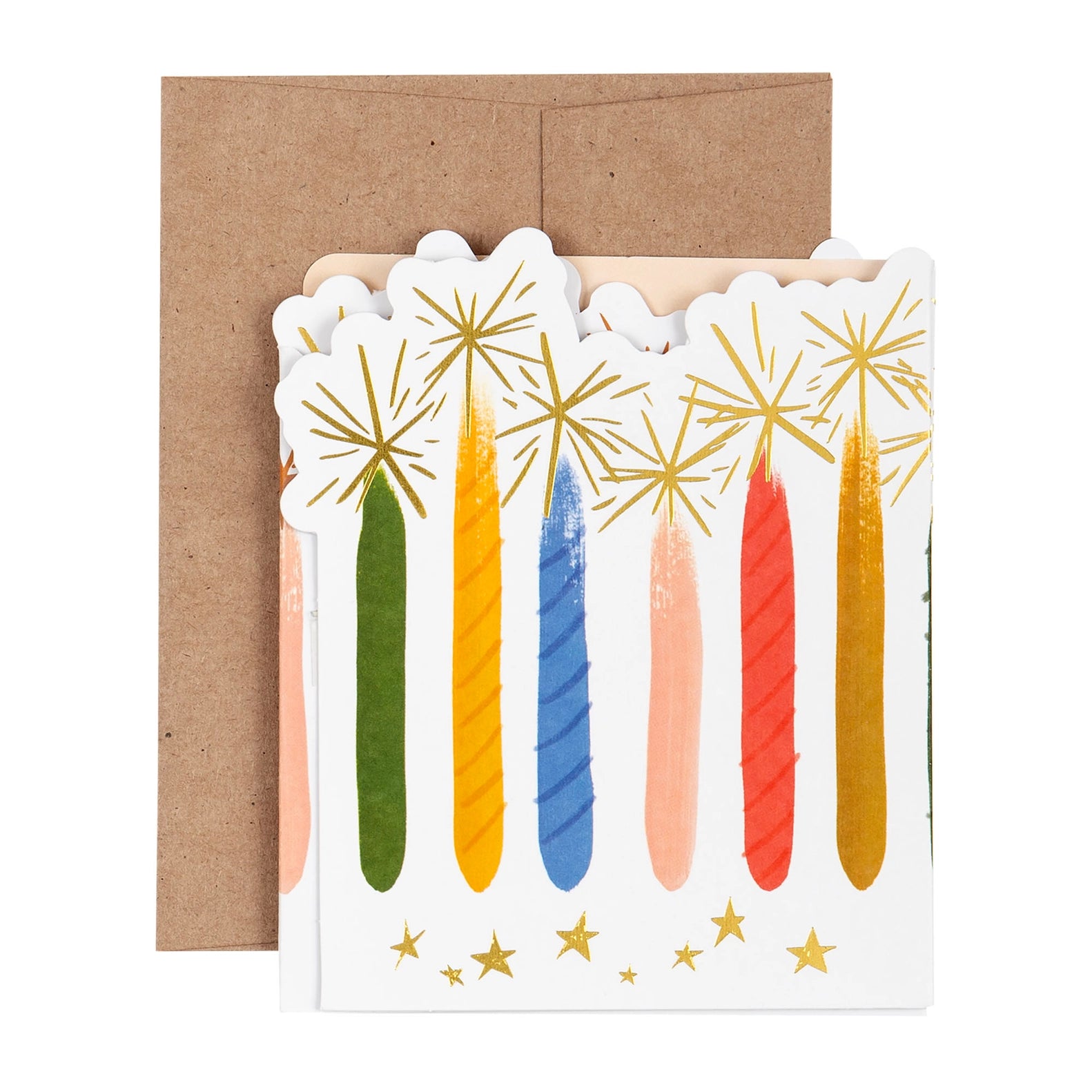 An accordion-style greeting card with a hand-painted design featuring golden candles and stars, in a variety of colors, sent with a coordinating envelope.