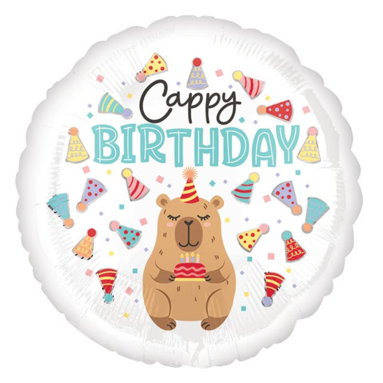 Birthday balloon with a capybara holding a cake and colorful hats on a white background and text "cappy birthday"
