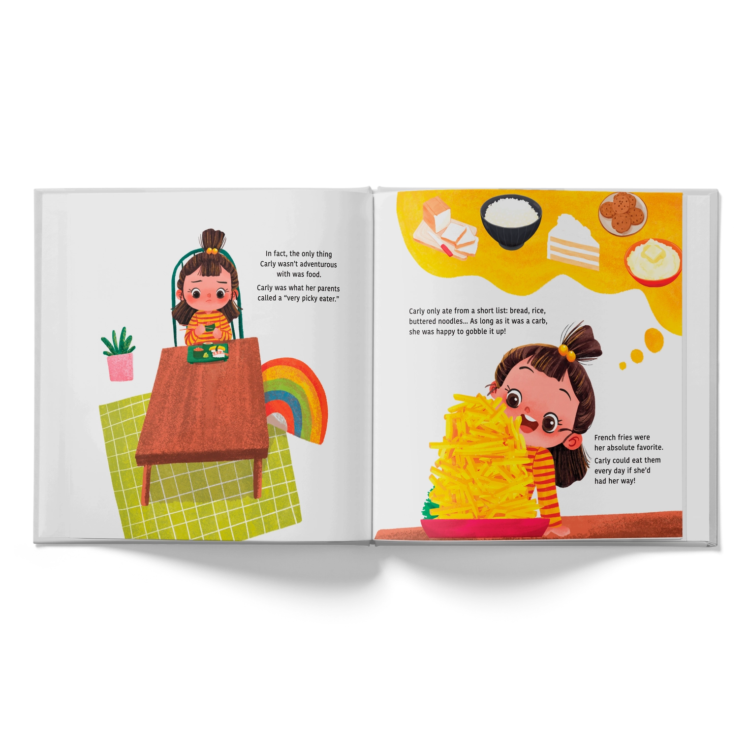 Illustrated book open to two pages with characters and food illustrations on a white background