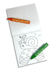 Coloring page of a snail on a mushroom with an orange and green crayon.