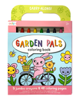A coloring book and crayon set packaged in a box with garden and animal characters, titled 'Garden Pals'. The set includes 9 jumbo crayons and 48 coloring pages.