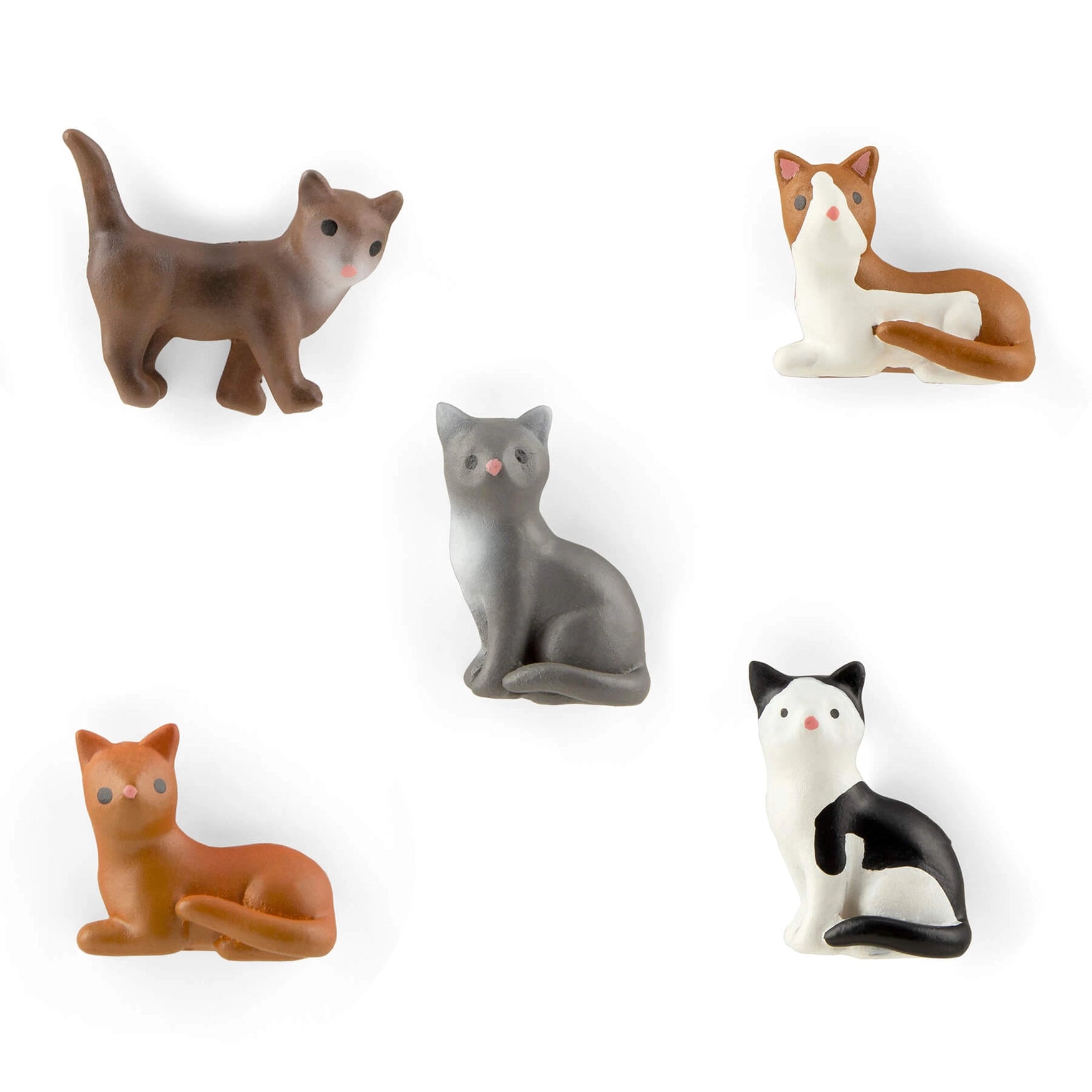 Set of five cat figurines in various colors on a white background