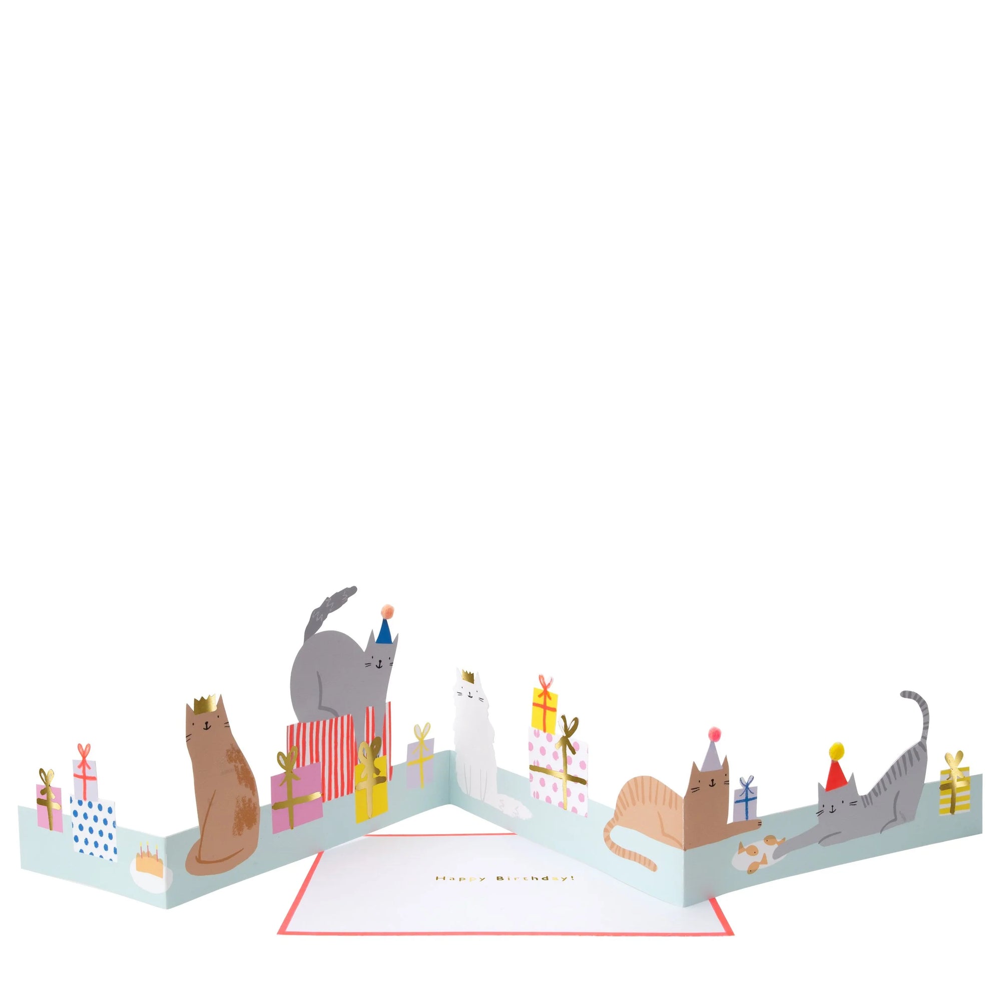 A extended card with cats in various poisitions among presents.