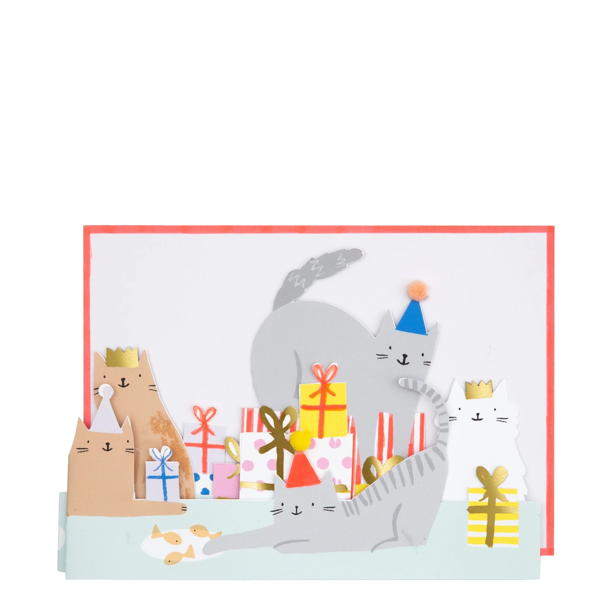 A birthday card with an illustration of a group of cats wearing party hats and celebrating with gifts and pompoms. The card has a red border and a message space at the bottom.